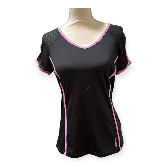 Reebok Tops - Reebok Women's Black and Pink‎ V-Neck Top